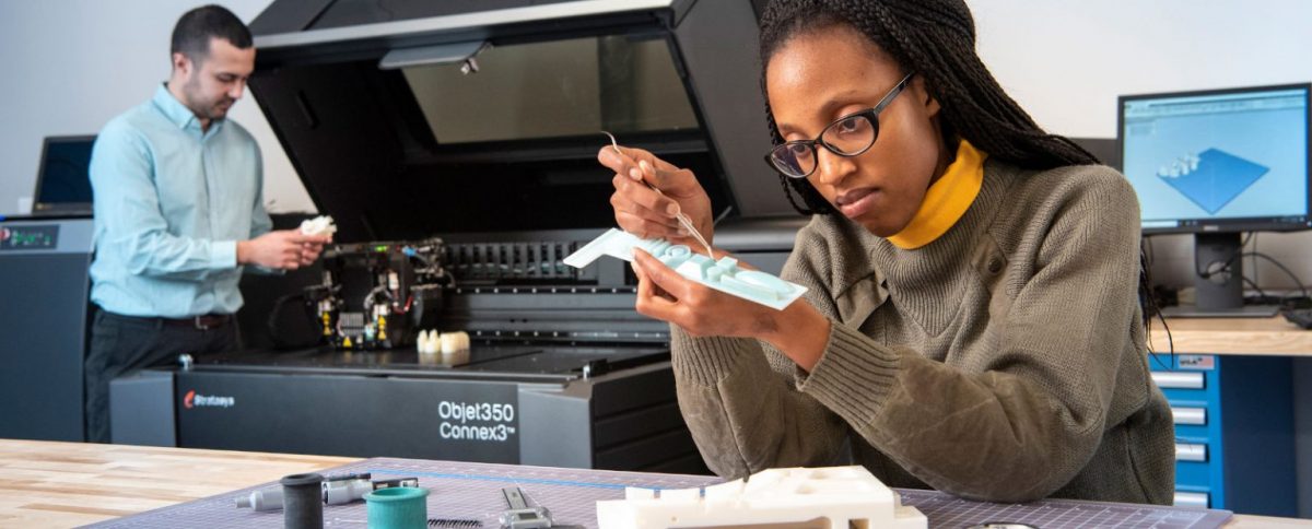 female student conducting research